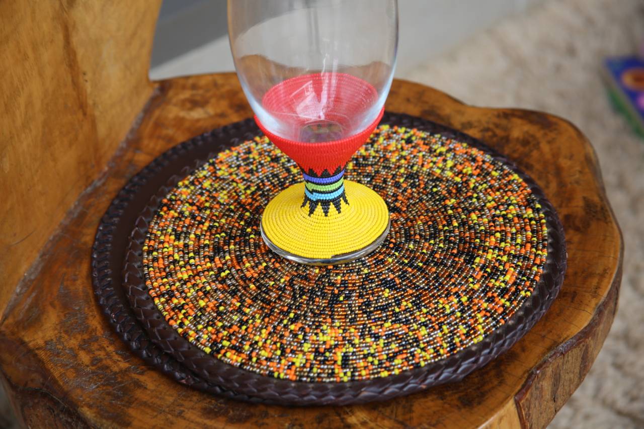 Circular Intricately Beaded Leather Placemat