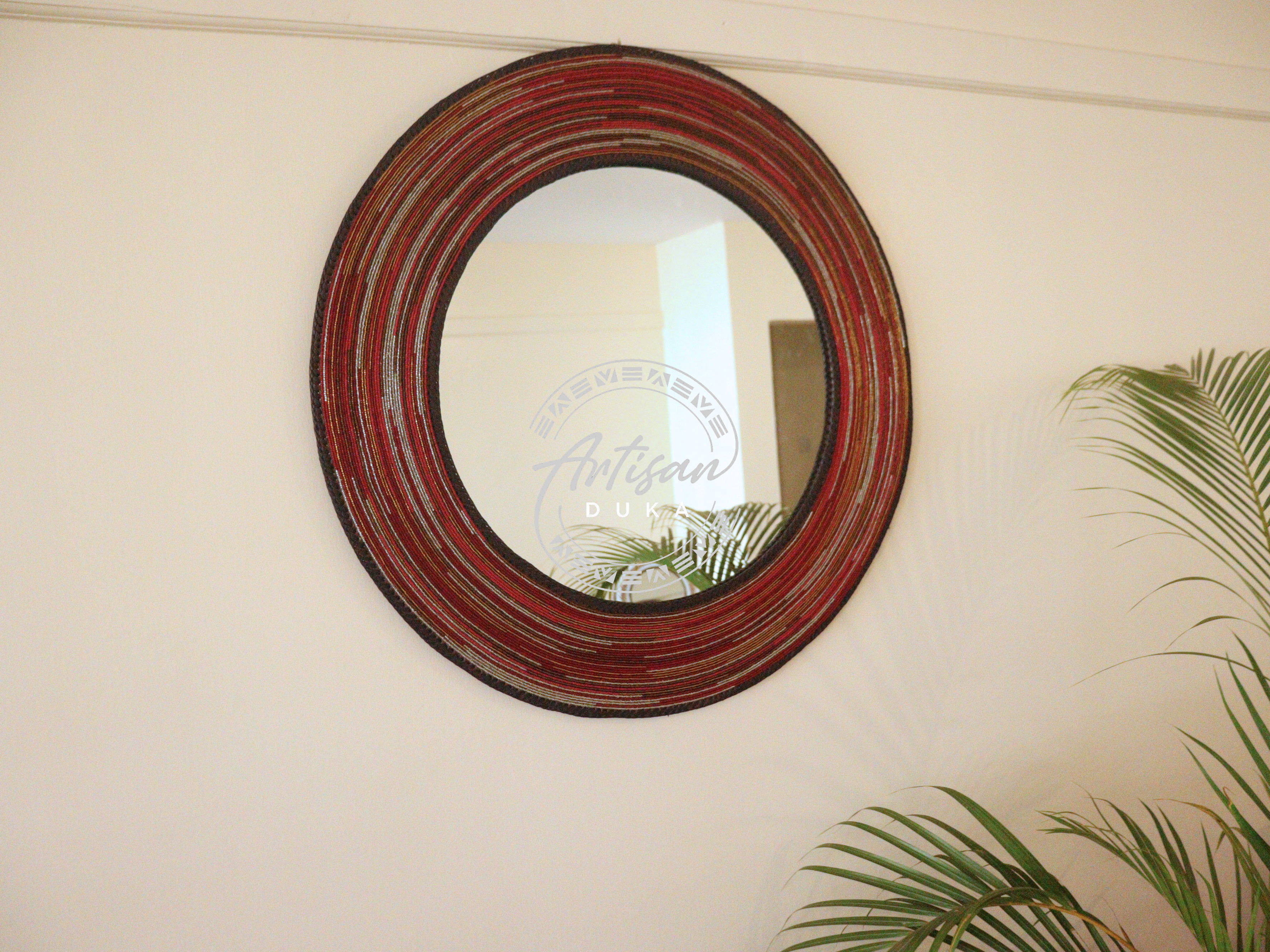 Ruby red classic beaded mirror.