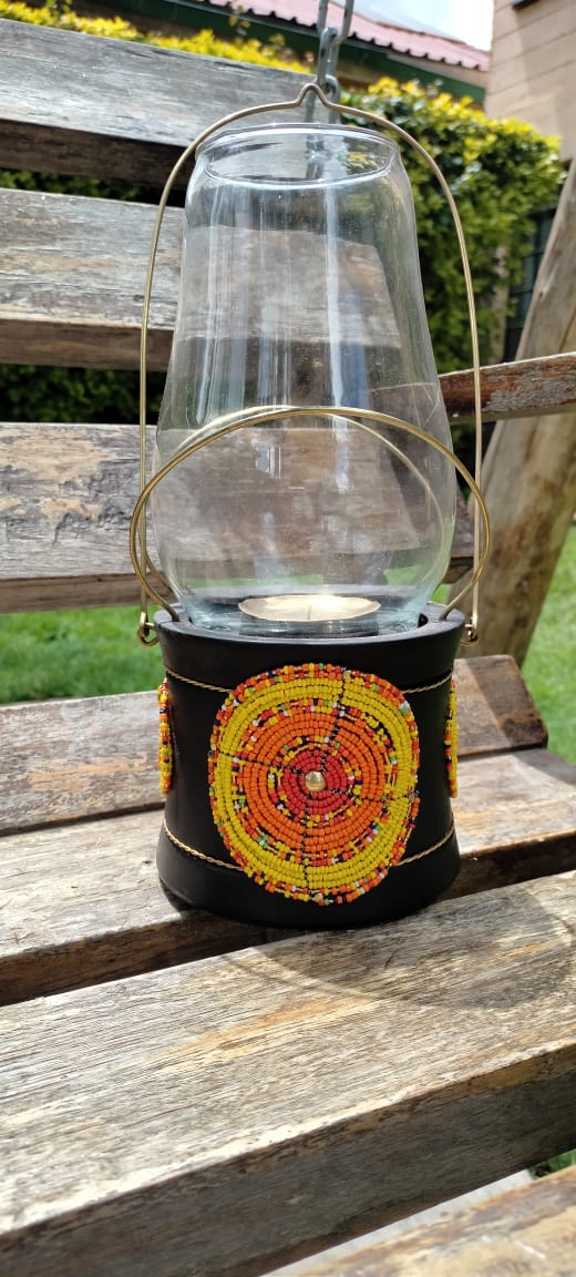 Sunrise Yellow Beaded Lantern-style Candle Holder