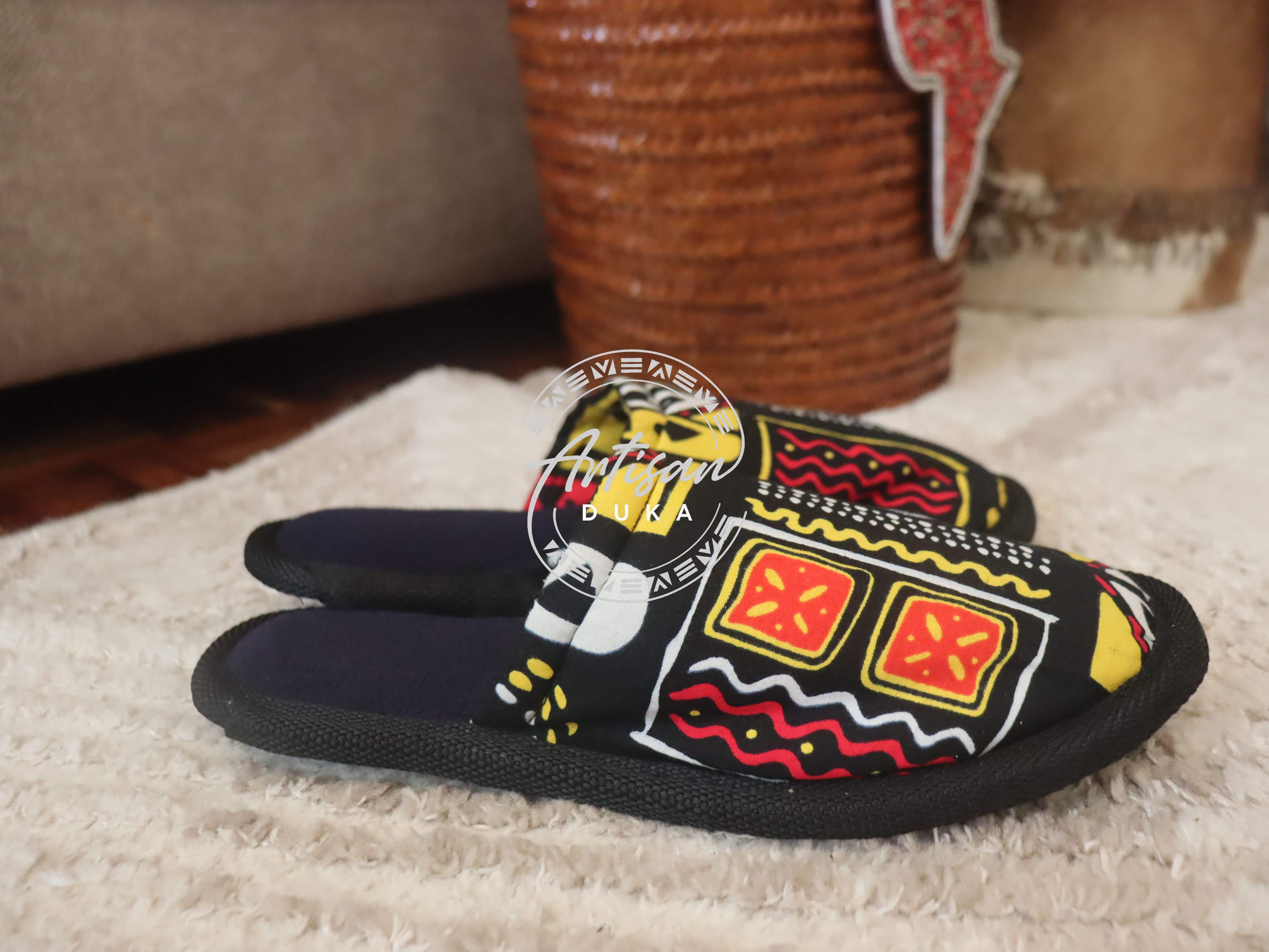 Ankara slippers, multicolored Ankara slippers, Kenyan Ankara slippers