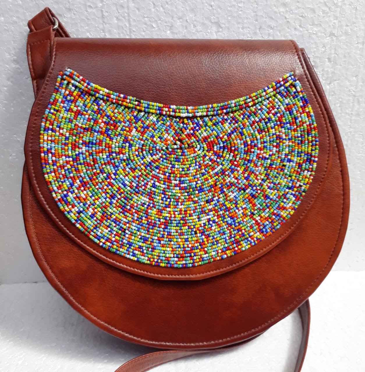 Brown mixed Beads Faux leather sling bag