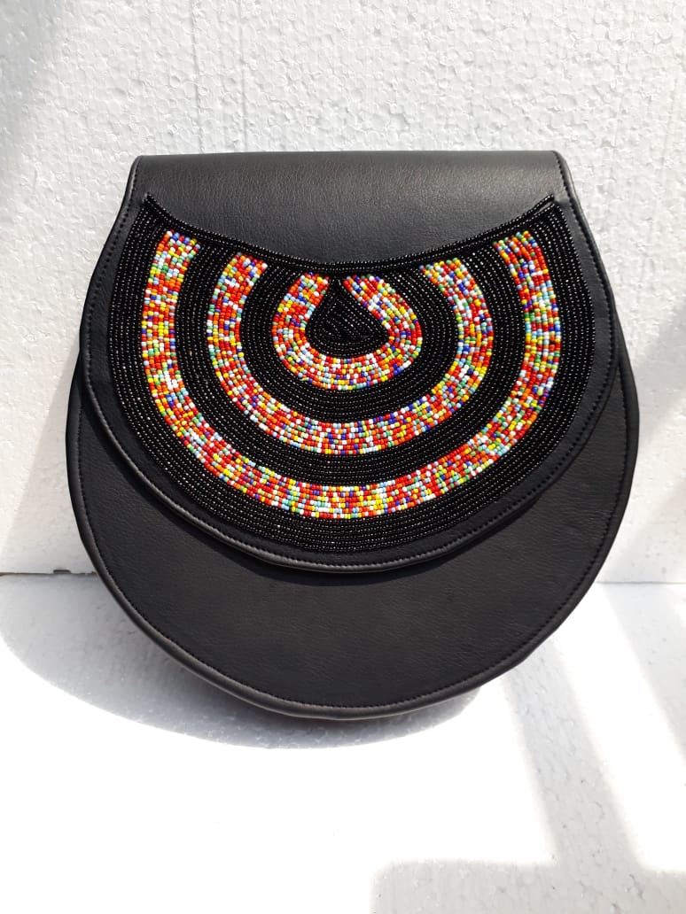 Orange beaded black Faux leather sling bag