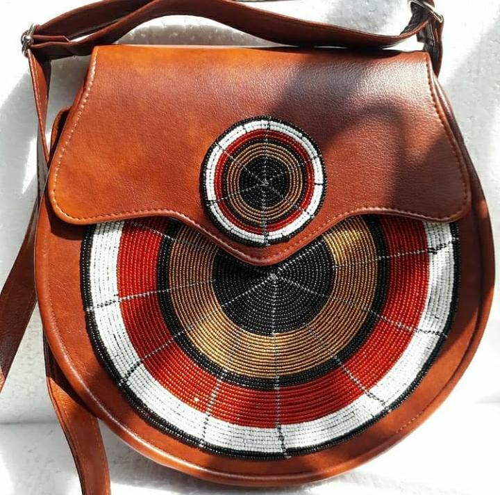 Brown Faux Leather Beaded Sling Bag