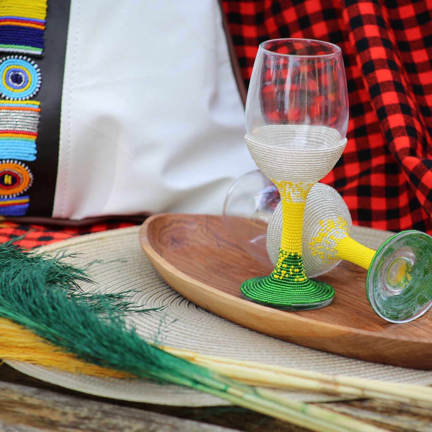 Green &amp; Yellow Beaded Wine Glass