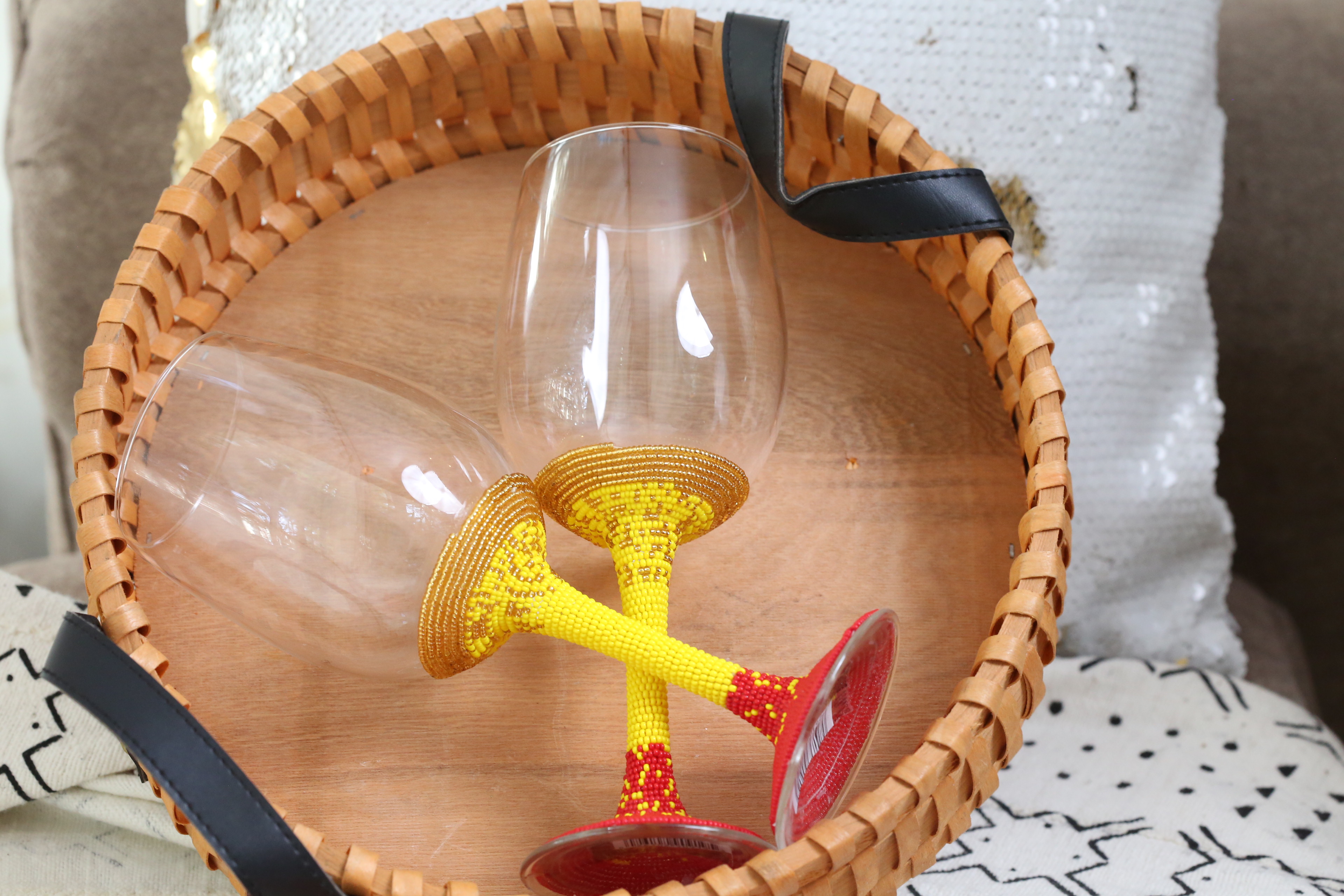Handcrafted yellow beaded wine glasses