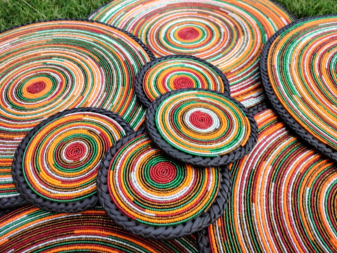 Fiery Orange fully-beaded Maasai placemats, Orange Maasai beaded placemats, Mats