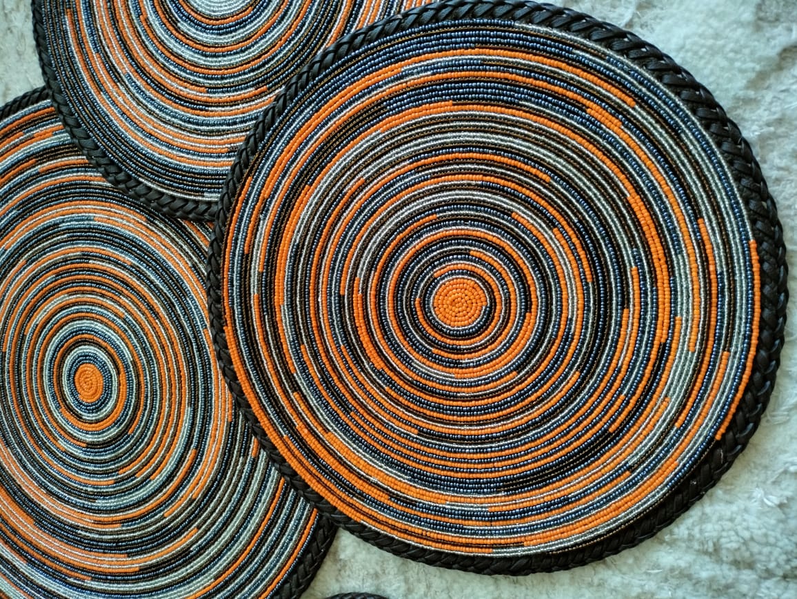 Fiery Orange fully-beaded Maasai placemats, Orange Maasai beaded placemats, Mats