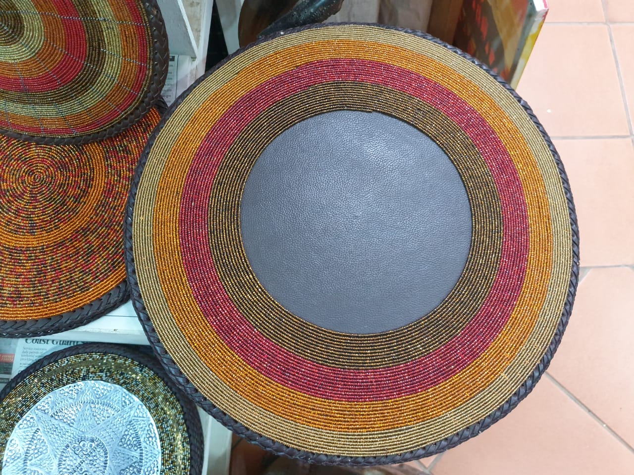 Sunset Handmade Maasai Beaded Leather Wall or Placemat, Orange Beaded Maasai Mat