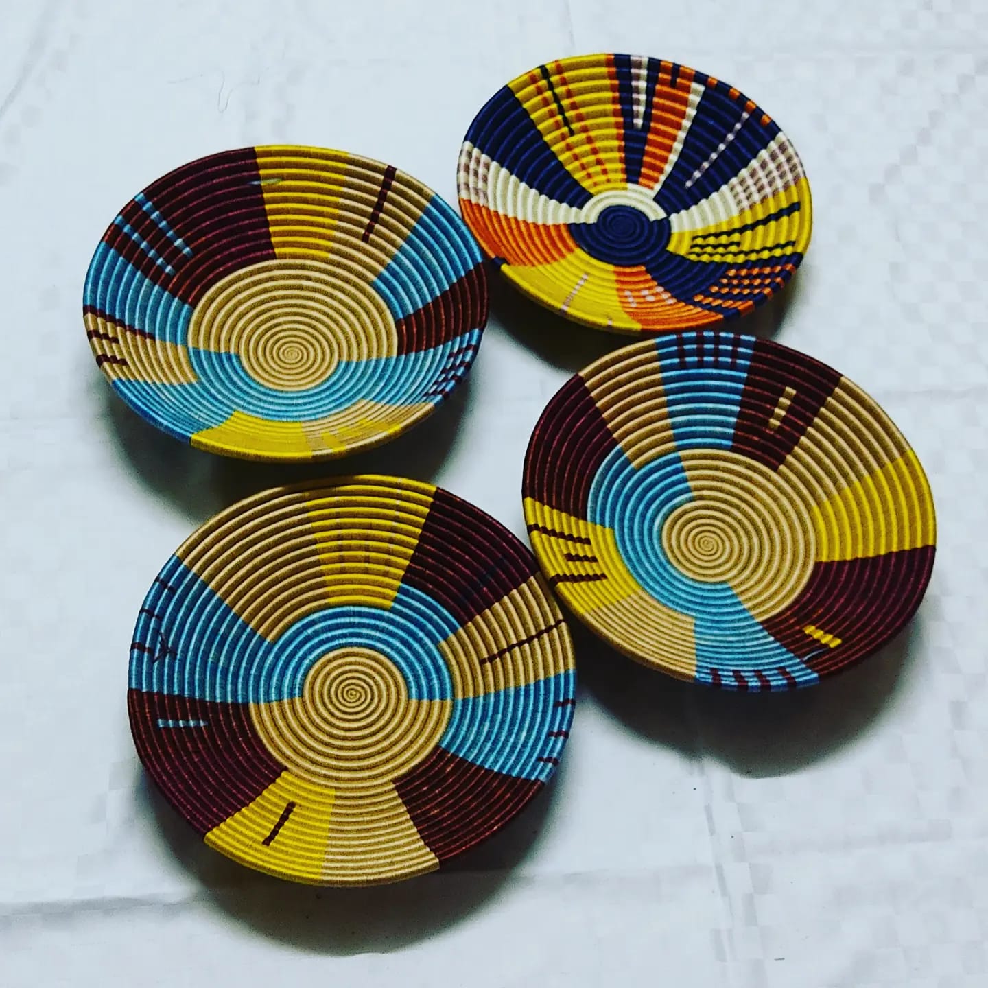 Yellow, blue and brown Wall baskets (set of 4), Wall decor baskets, Baskets