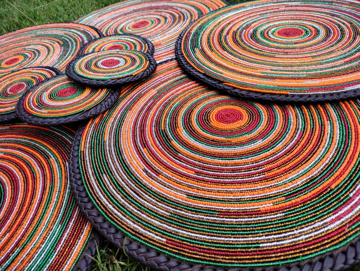 Fiery Orange fully-beaded Maasai placemats, Orange Maasai beaded placemats, Mats
