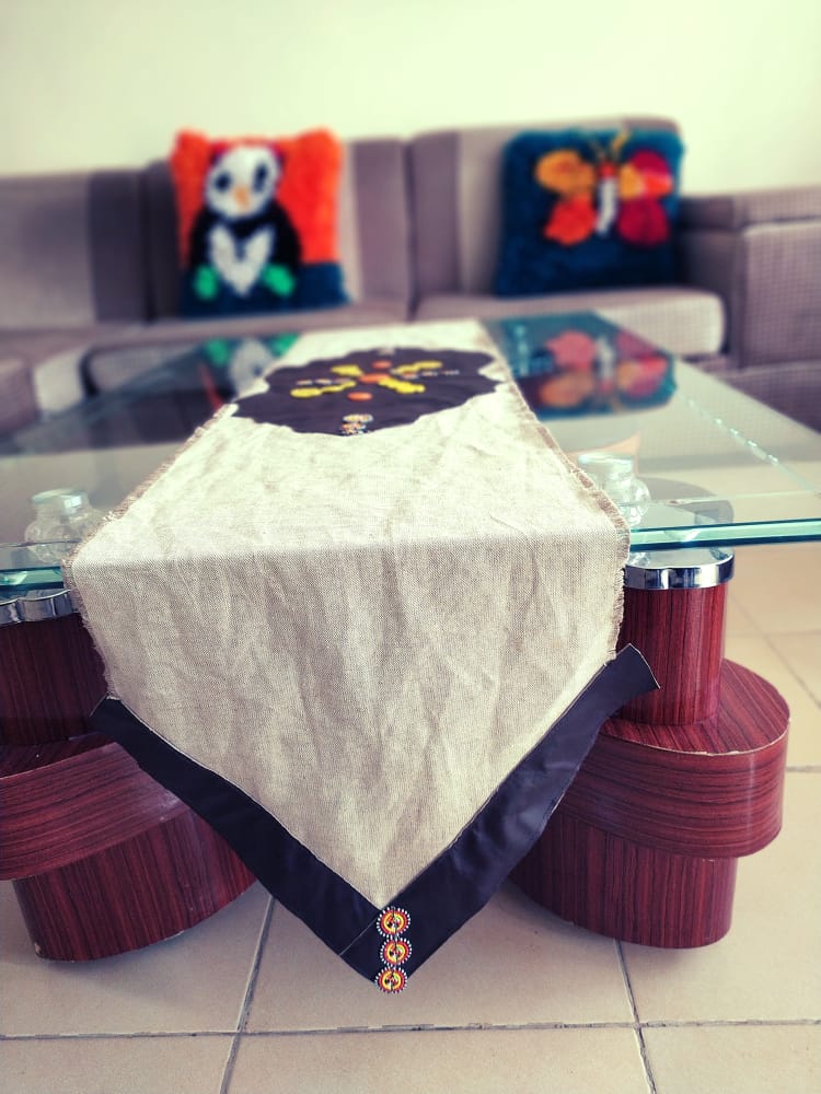 Linen &amp; Beaded Leather Table Runner