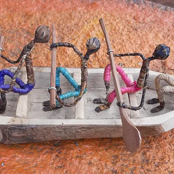 Rowing Boat &amp; Crew toy, Wooden toy boat, Banana fiber boat