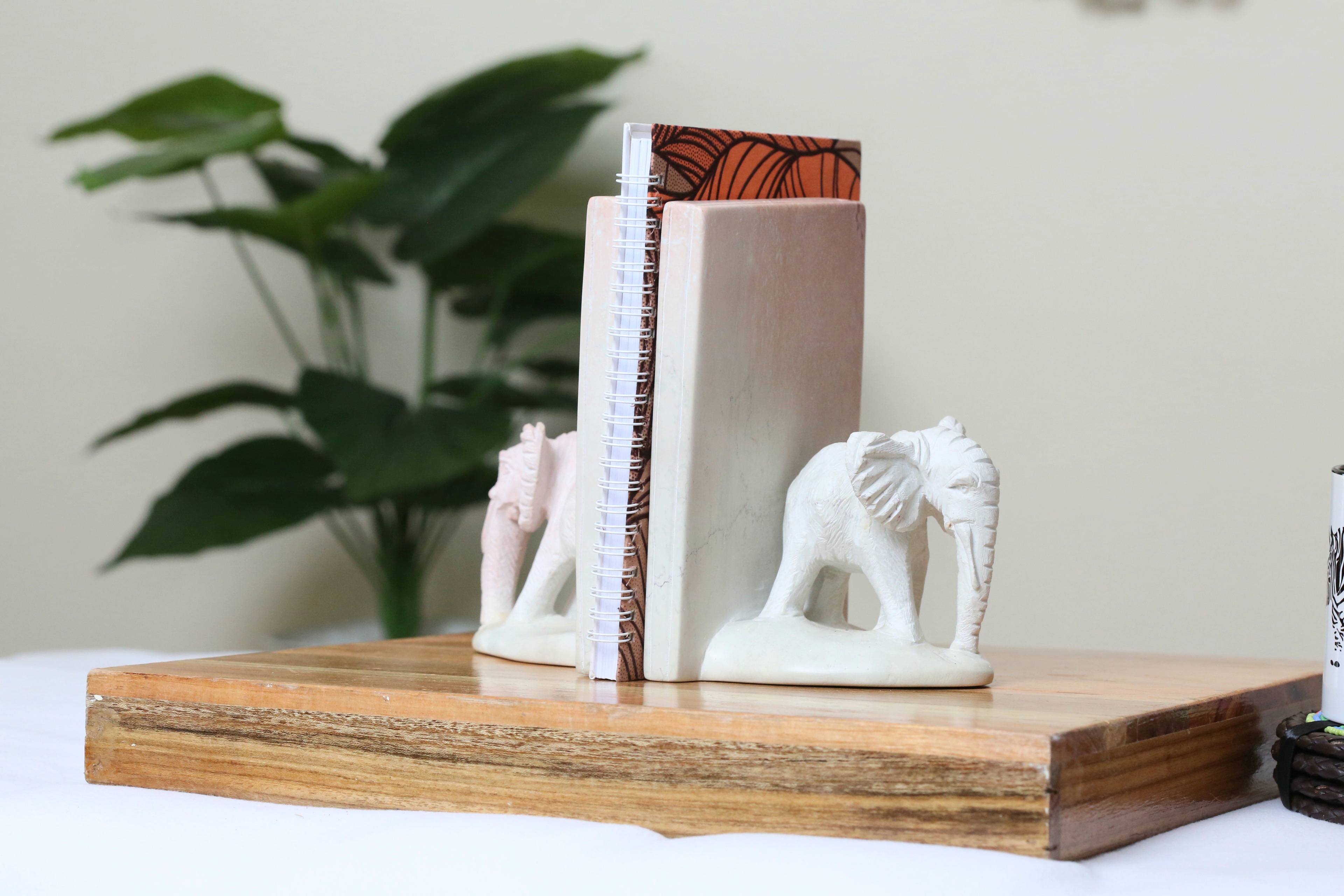 Elephant carved book holder gift package, Ankara notebook, Maasai beaded coasters