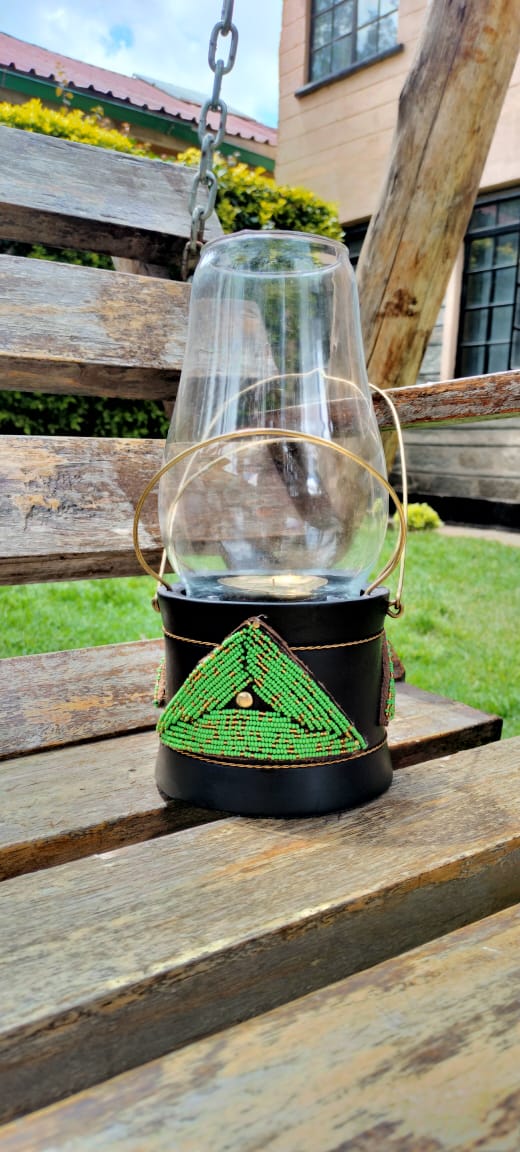 Green Beaded Lantern-style Candle Holder