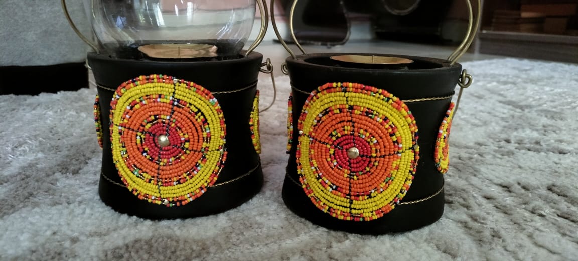 Sunrise Yellow Beaded Lantern-style Candle Holder