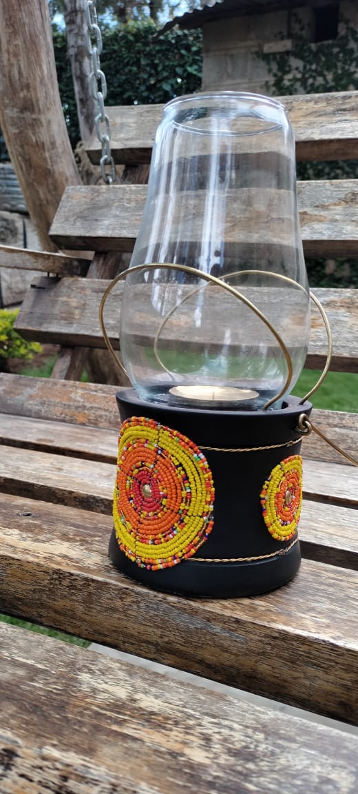 Sunrise Yellow Beaded Lantern-style Candle Holder