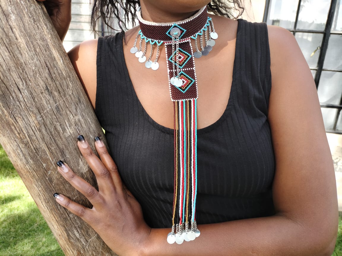Bay Brown &amp; Teal Maasai Tribal Chocker Necklace