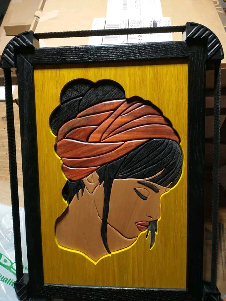 Beautiful ebony woman with eyes closed Wooden Art, Wooden Art