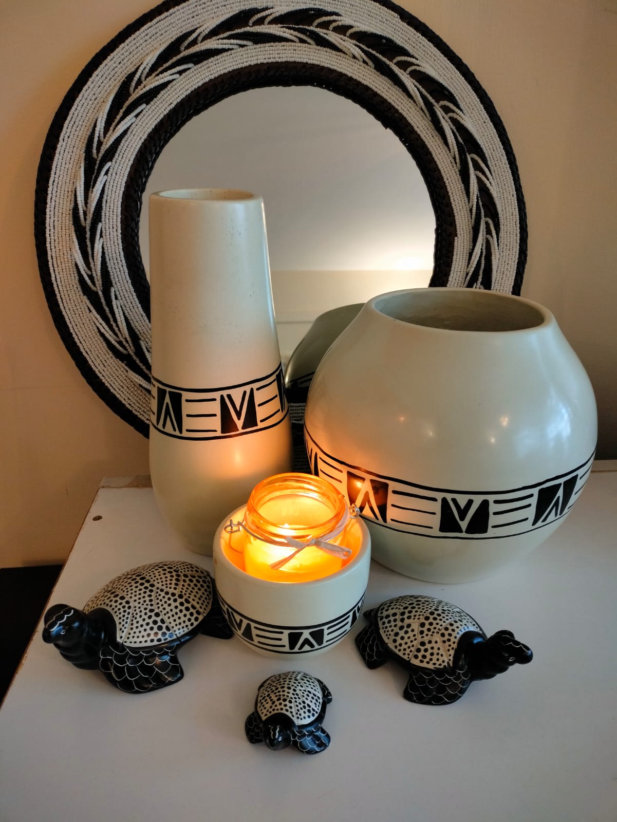 Pearl white leaf design Maasai beaded mirror