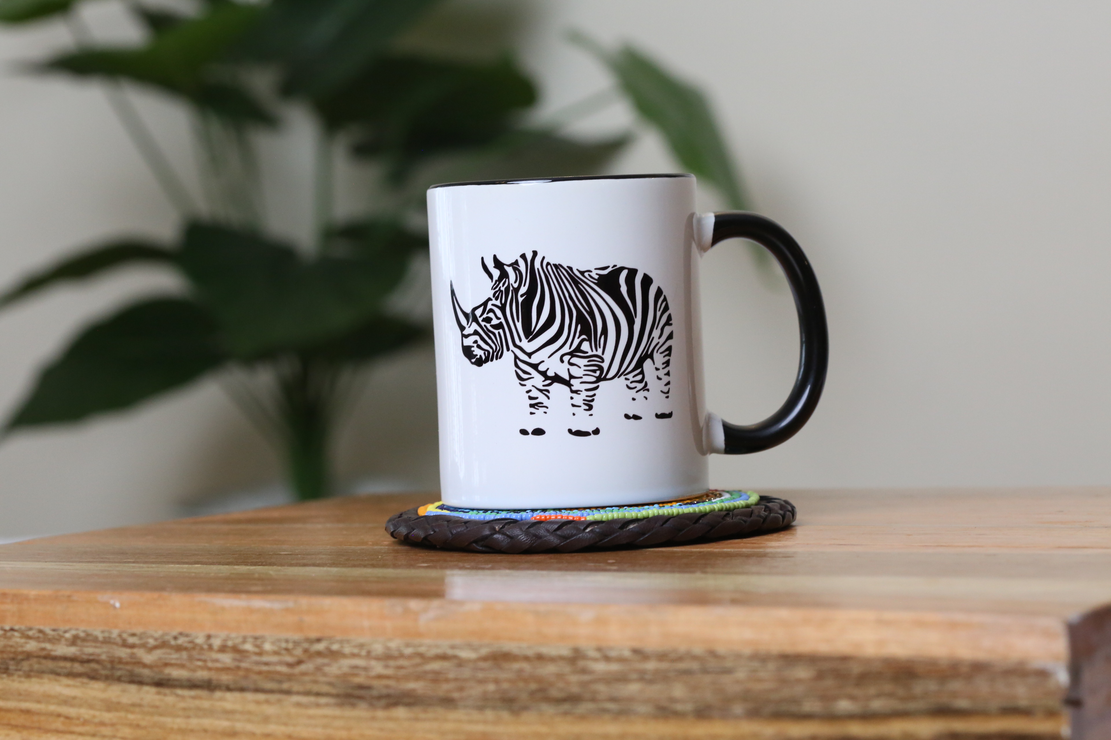 Rhino print mug with beaded coaster gift package.